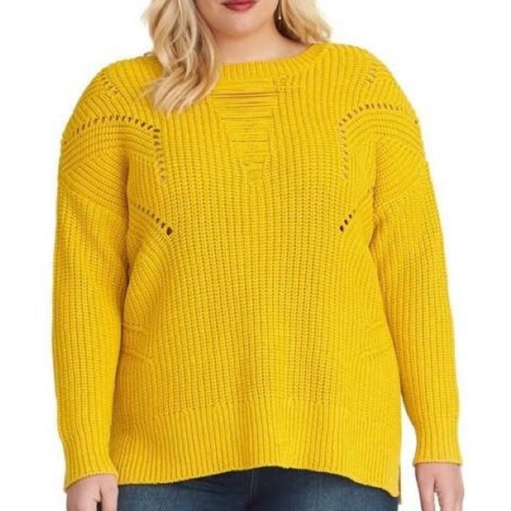 NWOT Rachel Roy Mustard Yellow Crewneck Cut-Out Chunky Knit Sweater, Size XXL - Picture 1 of 11